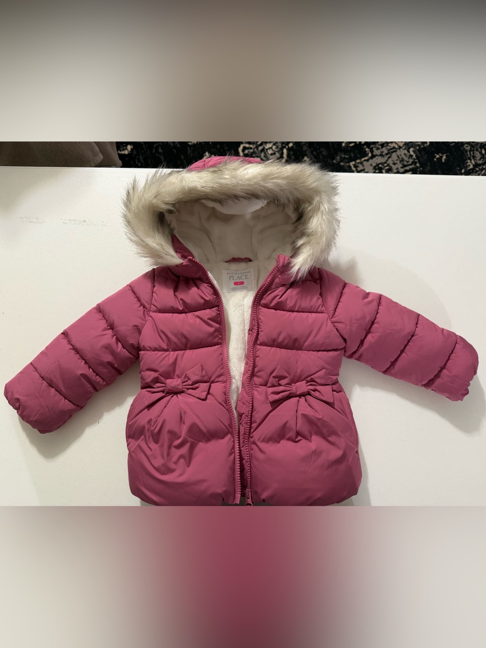 The Children's Place Pink Puffer Coat with Faux Fur Hood